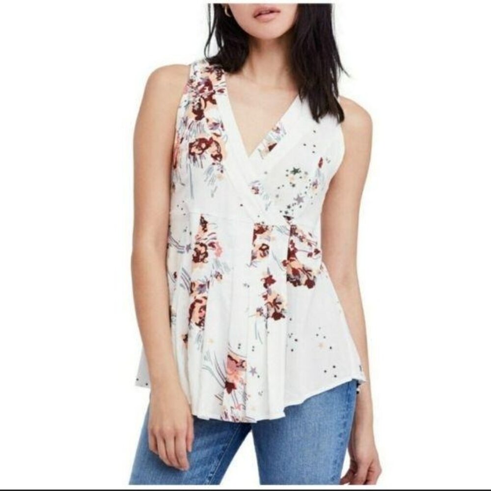 Free People Sleeveless Wrap Top Womens XS Boho Y2K White Floral Fairy